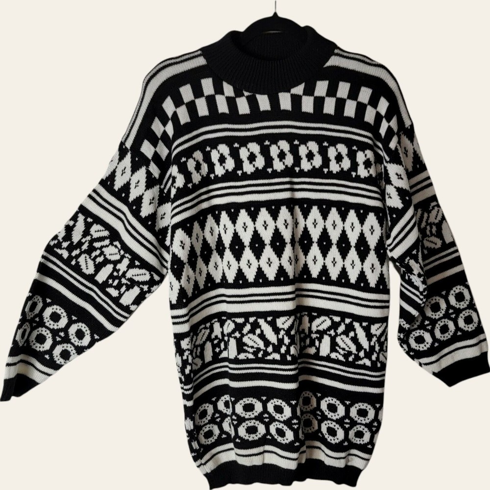 Vintage‎ Sweater American Pride Black White 80's Geometric Medium